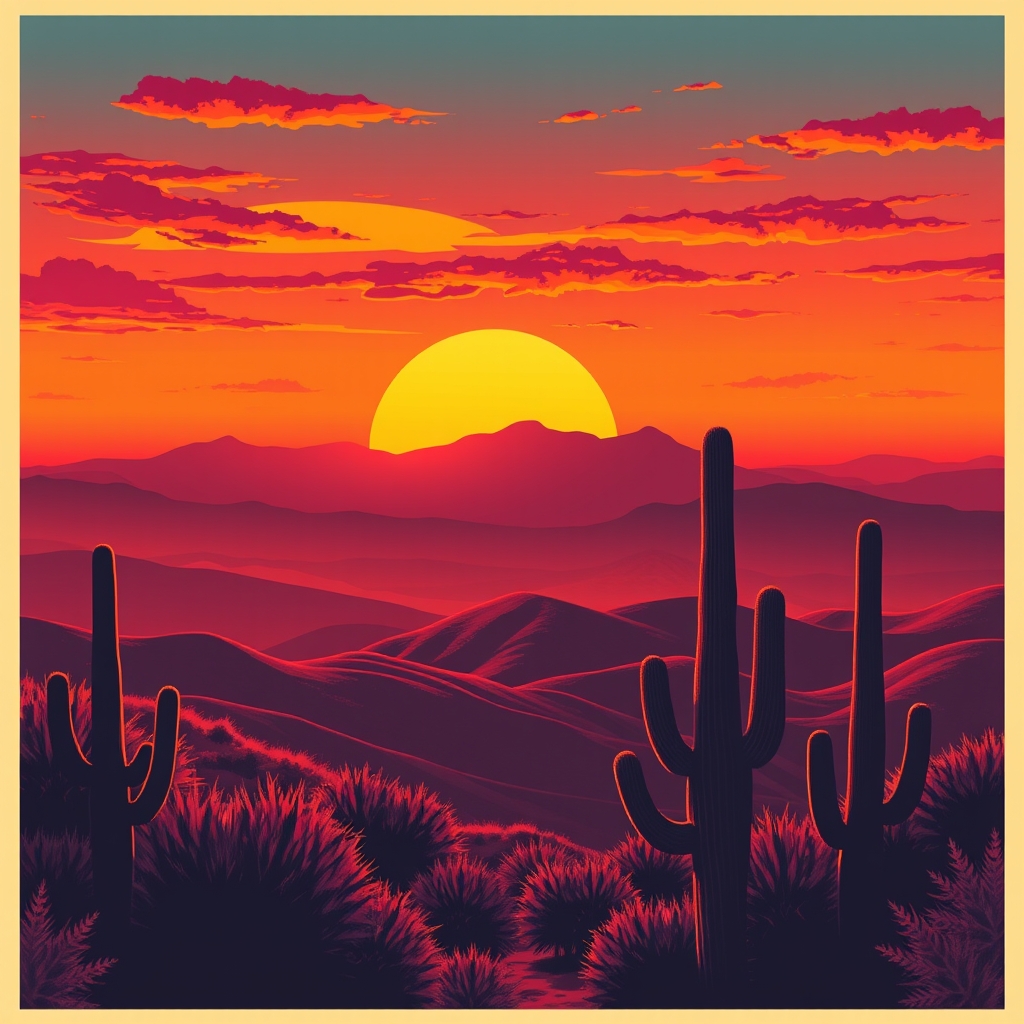 A warm desert sunset with cacti in the foreground, set against a backdrop of rolling hills and a vibrant sky.