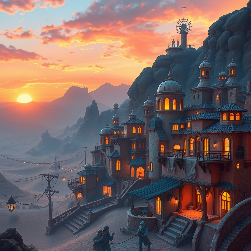 A fantasy village at sunset with warm lighting and colorful buildings, set against a vibrant desert backdrop.