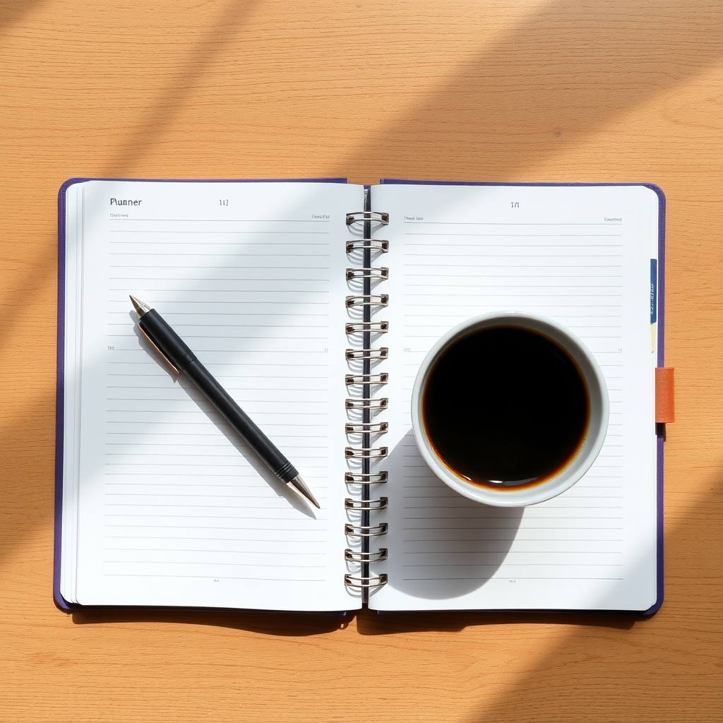 Open Planner and Pen on Wooden Desk with Coffee Cup