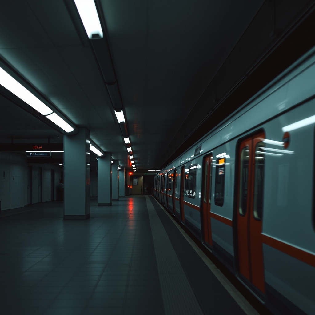 Dimly Lit Subway Platform at Night with Empty Platform