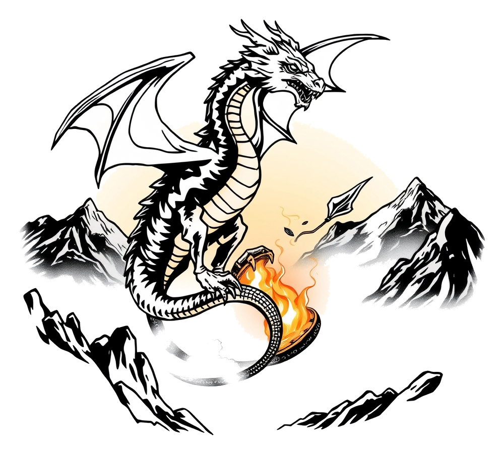 A dragon in misty mountains with warm lighting, guarding its treasure hoard.