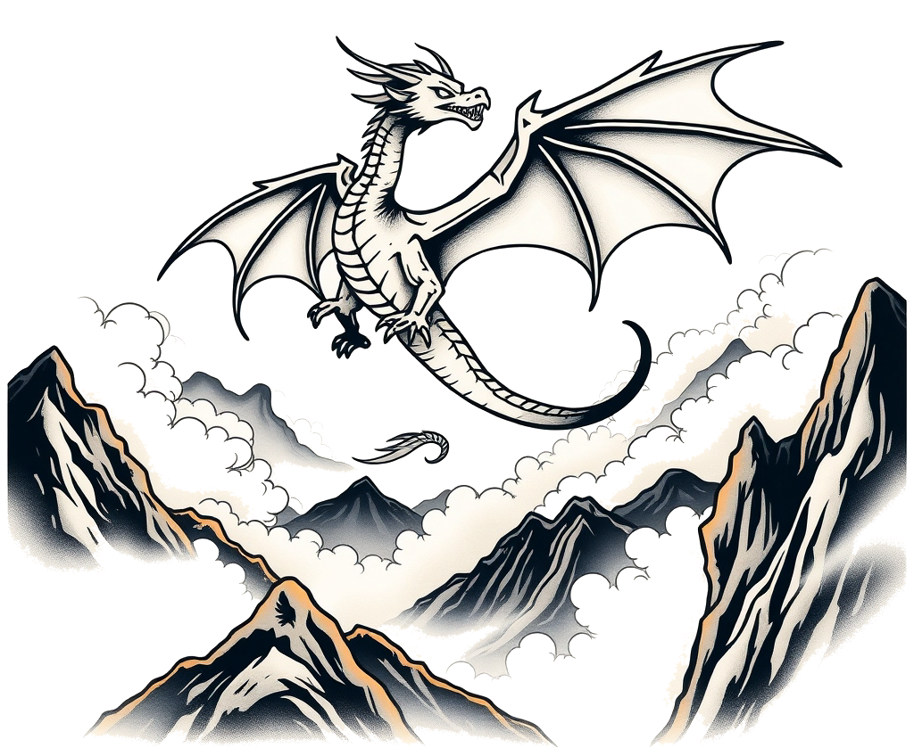 Mythical dragon in misty mountains, warm lighting, fantasy style, dragon soaring through clouds, bold black ink line art, tattoo flash design, stencil