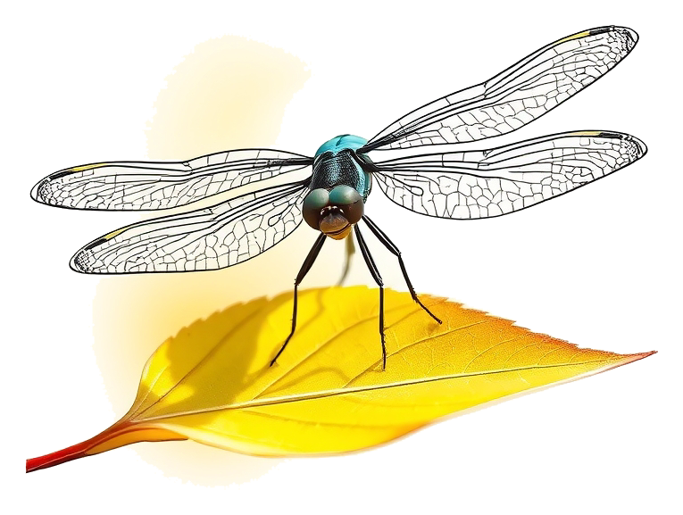 A dragonfly with iridescent wings sits on a leaf in warm sunlight.