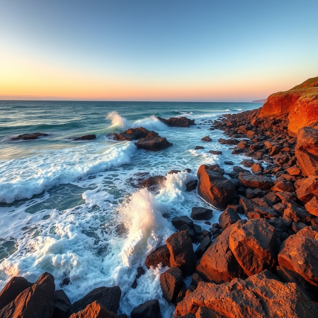 Dramatic rocky shoreline with crashing waves
