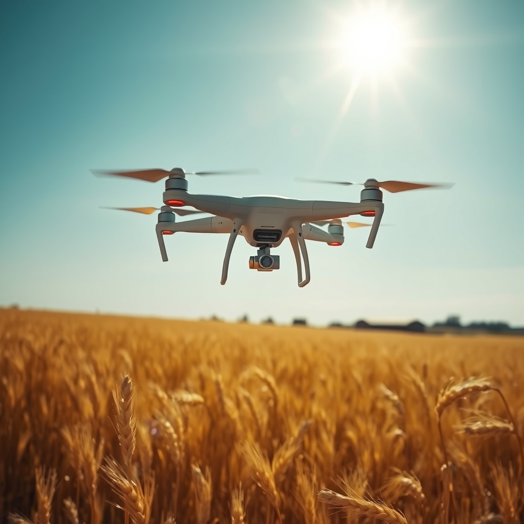 A drone flying over a golden wheat field under a sunny sky.
