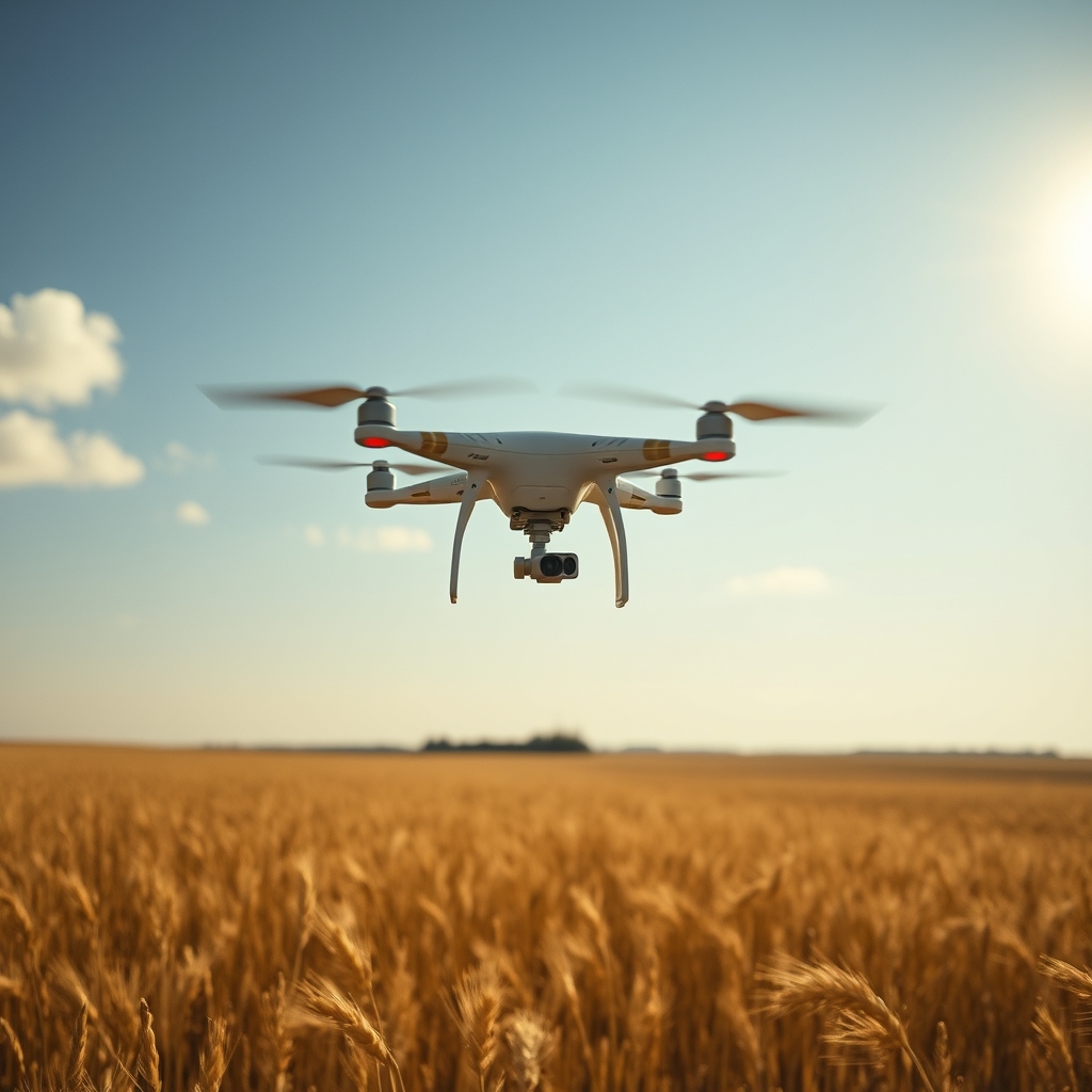 Drone soaring above golden wheat fields under sunny sky