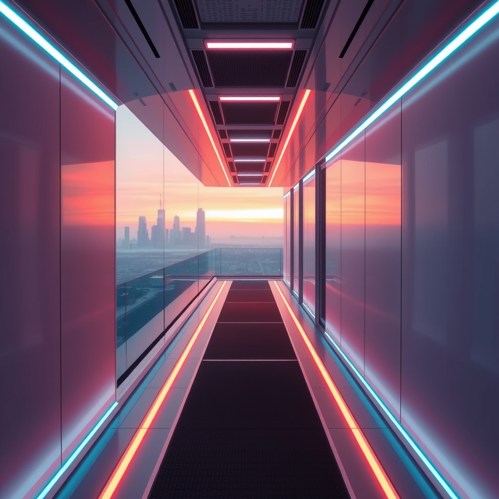 Futuristic Corridor at Dusk with Neon Lights and Cityscape View.