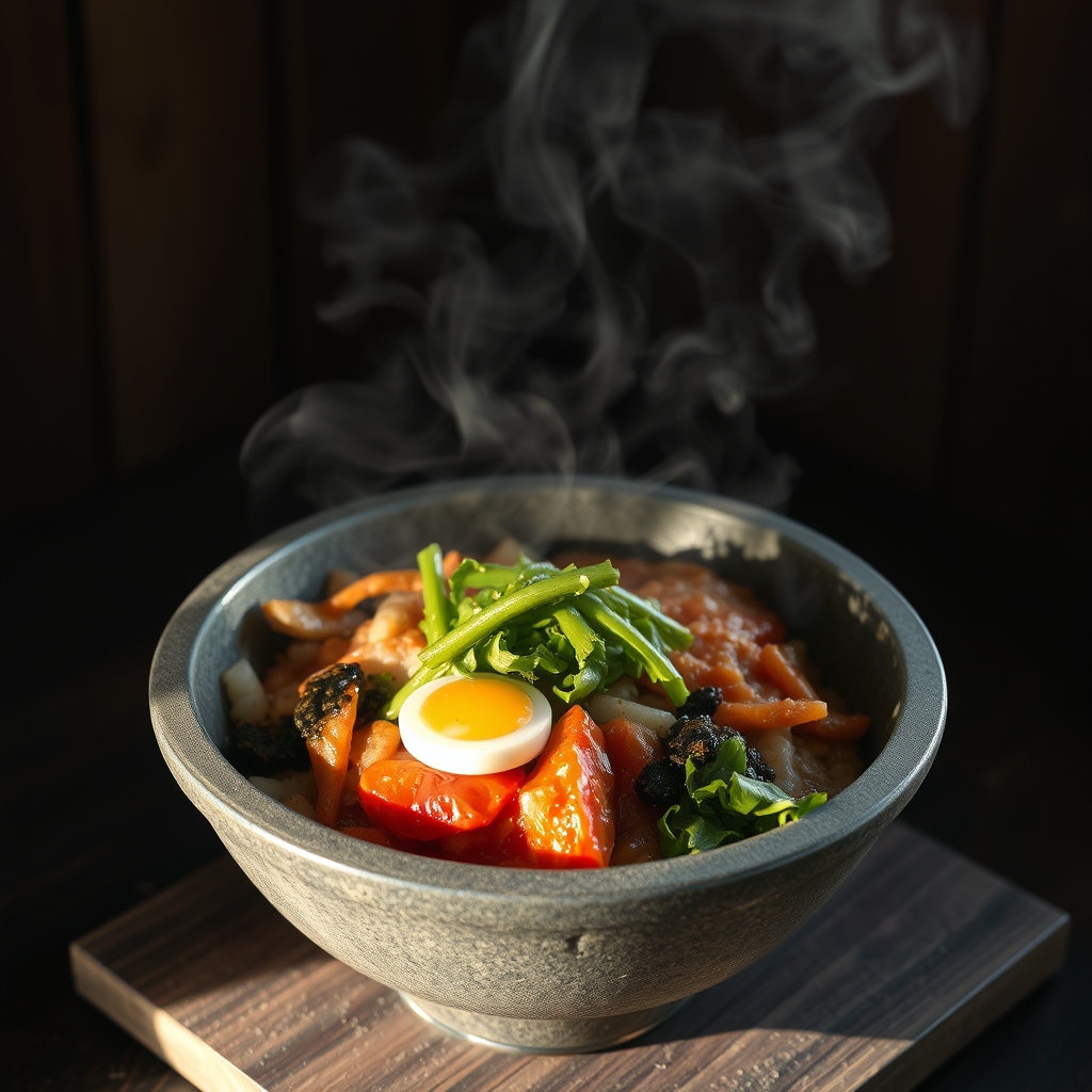 A steaming bowl of bibimbap with vegetables and an egg, served in a rustic stone bowl.