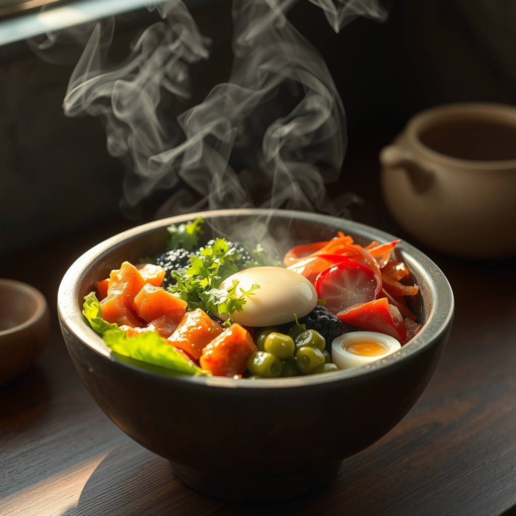 Earthy Tones Bibimbap in Rustic Stone Bowl