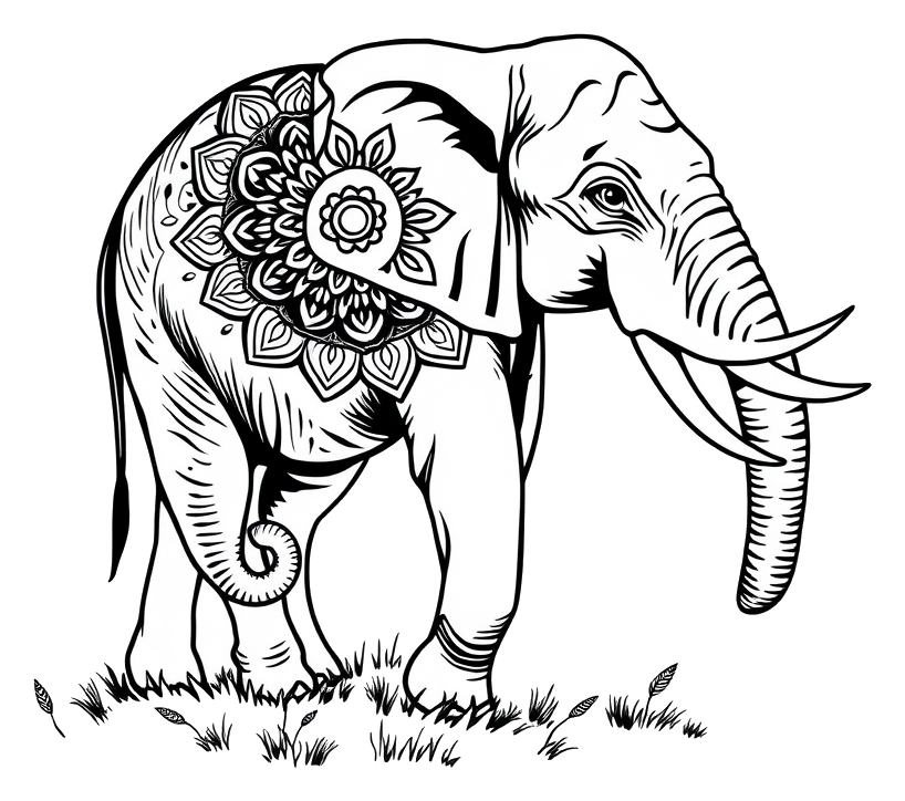 Elephant in a forest with a mandala pattern on its body.