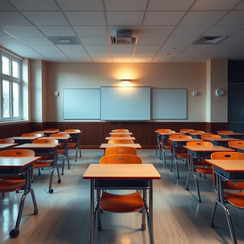 Empty Classroom with Desks and Chairs in Soft Natural Light