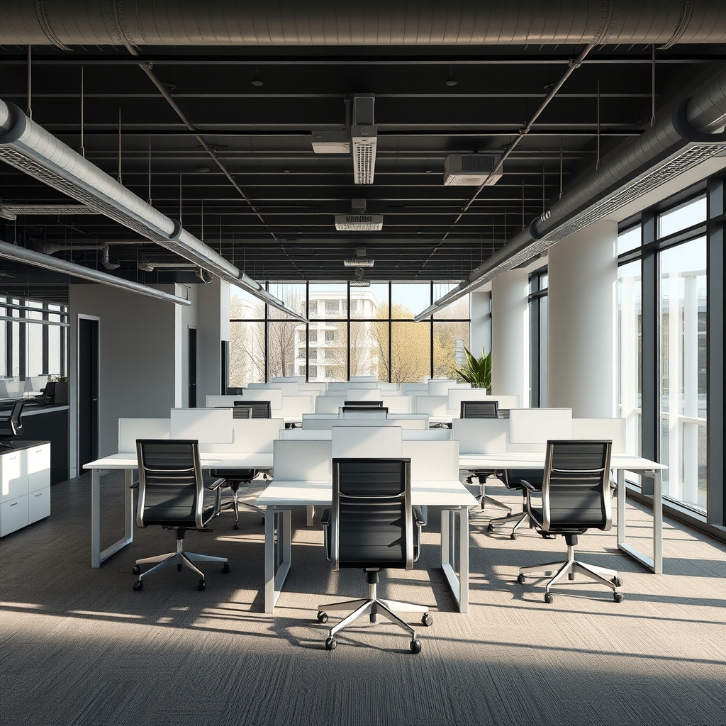 Empty Office with White Desks and Black Chairs