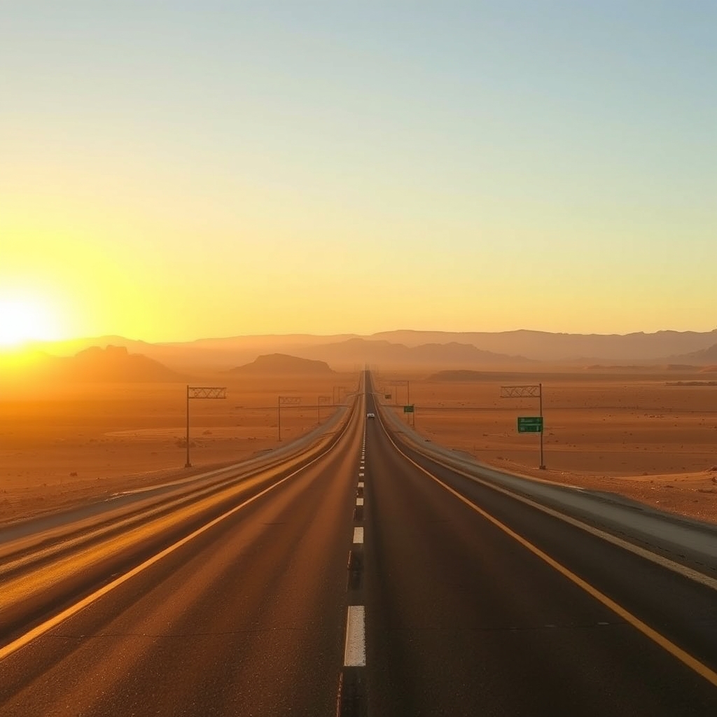 Endless desert highway at sunset with warm lighting and vast landscape