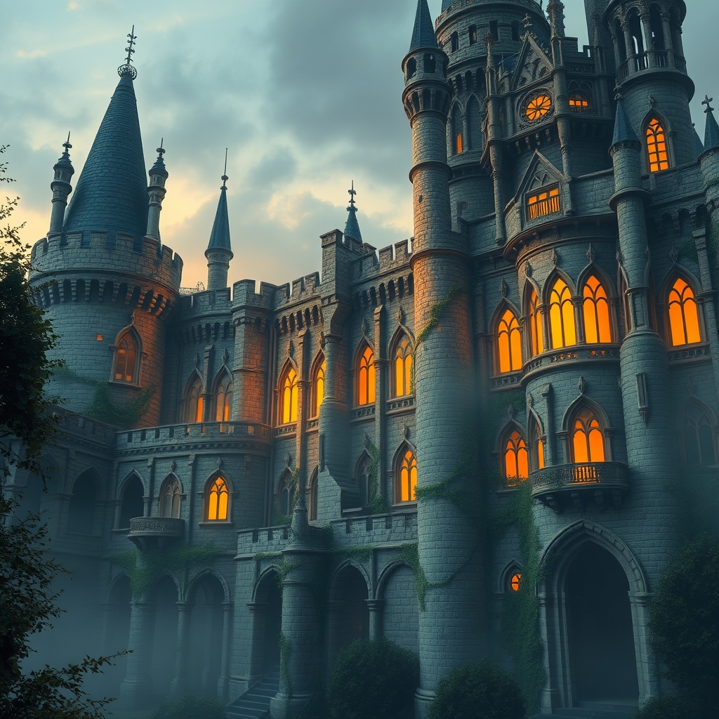 Majestic fantasy castle with intricate stone details, soft warm light, misty atmosphere. Castle walls with vines at dusk.
