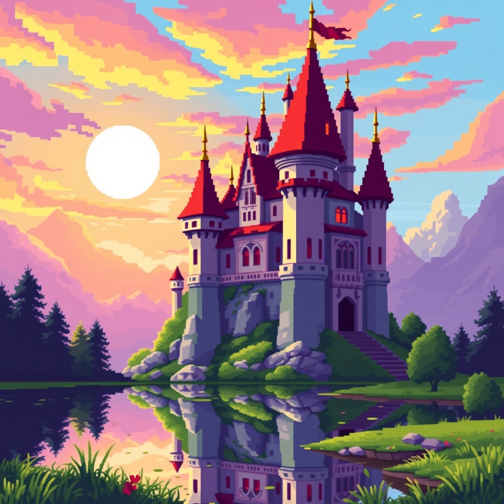 Stylized Pixel Art Castle at Sunset with Castle Reflection