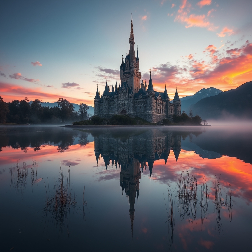 Fantasy Castle at Sunset with Lake Reflection