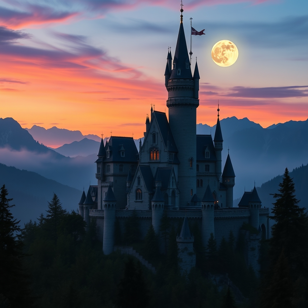 Majestic fantasy castle under sunset with misty mountains