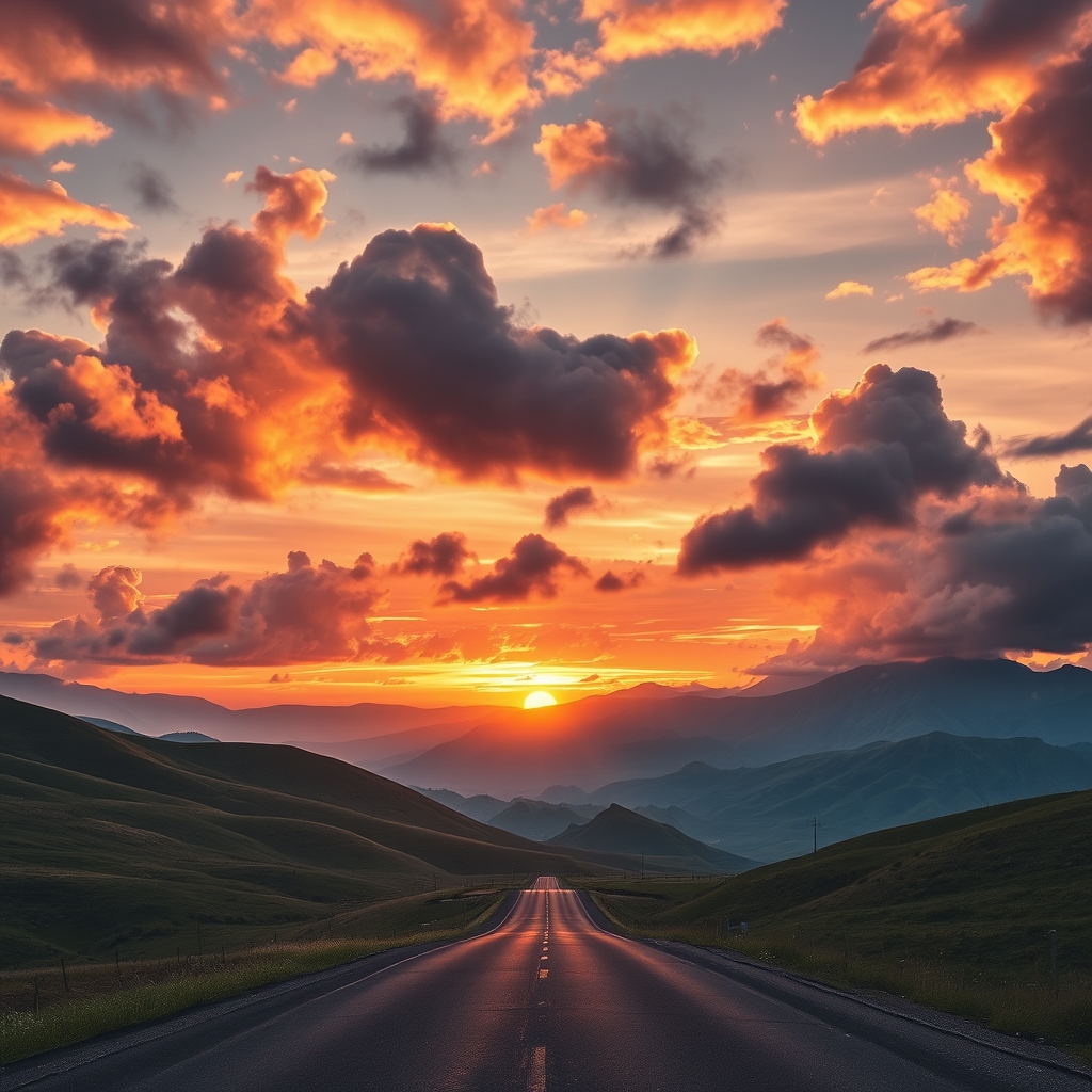 Fantasy landscape with rolling hills and cloudy sky