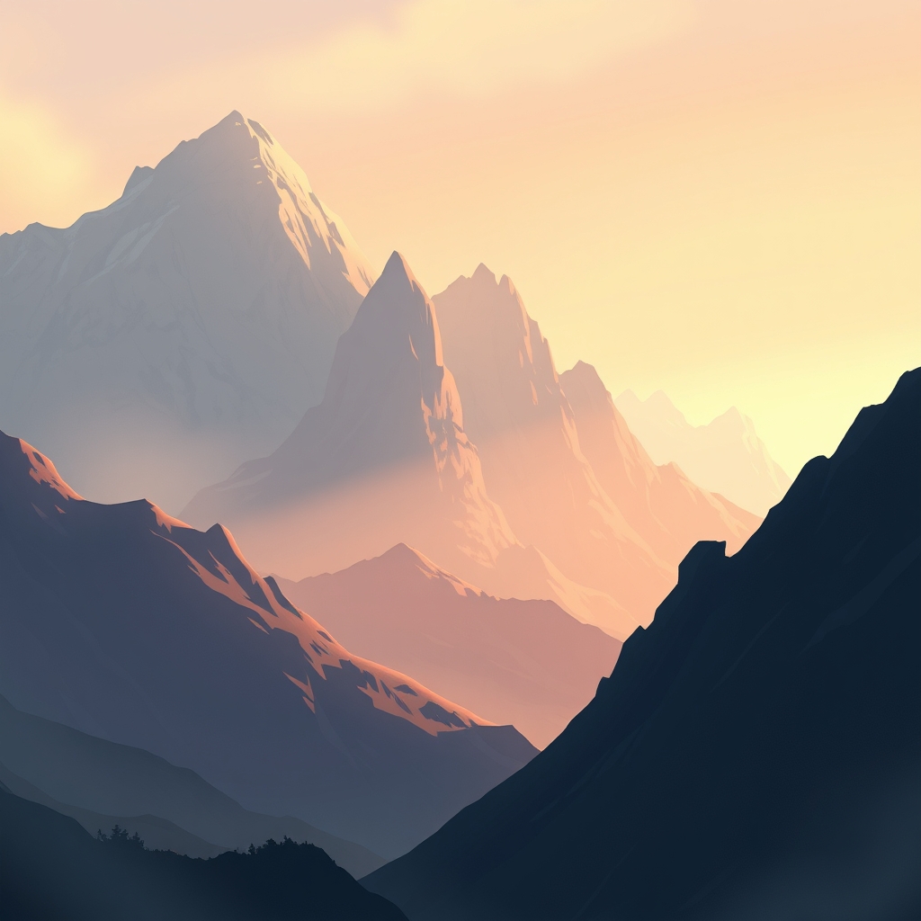 A serene, 2D fantasy mountain range in soft pastel colors, perfect for a game background.
