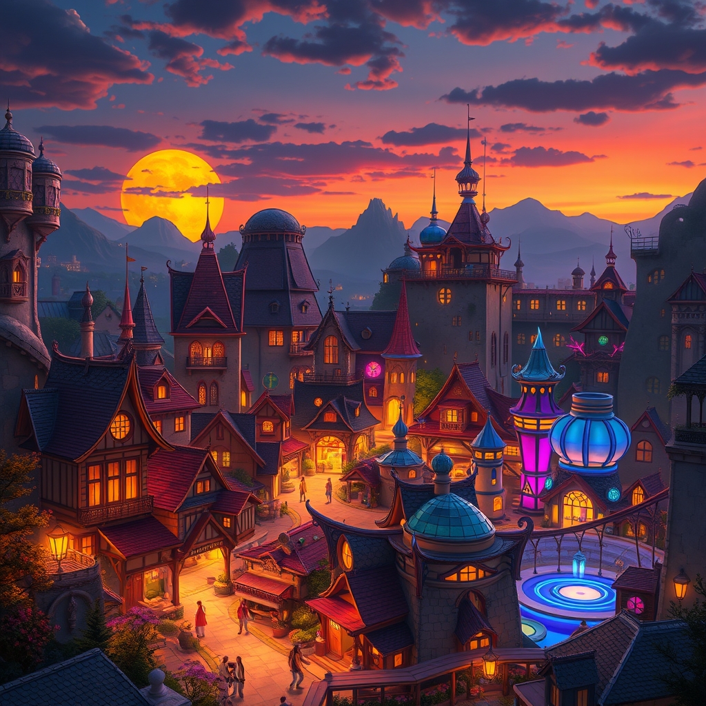 Fantasy village at sunset