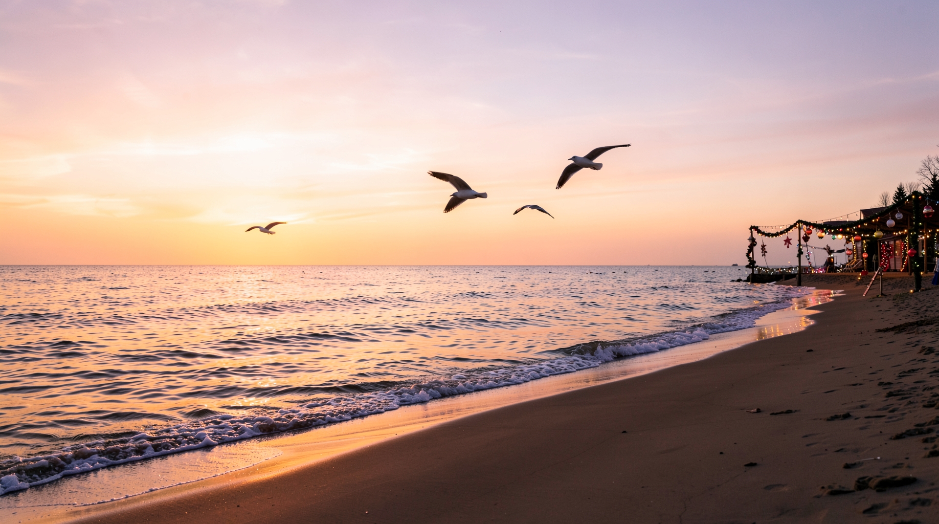 Serene sunrise over calm sea with warm lighting. Seagulls flying over waves.