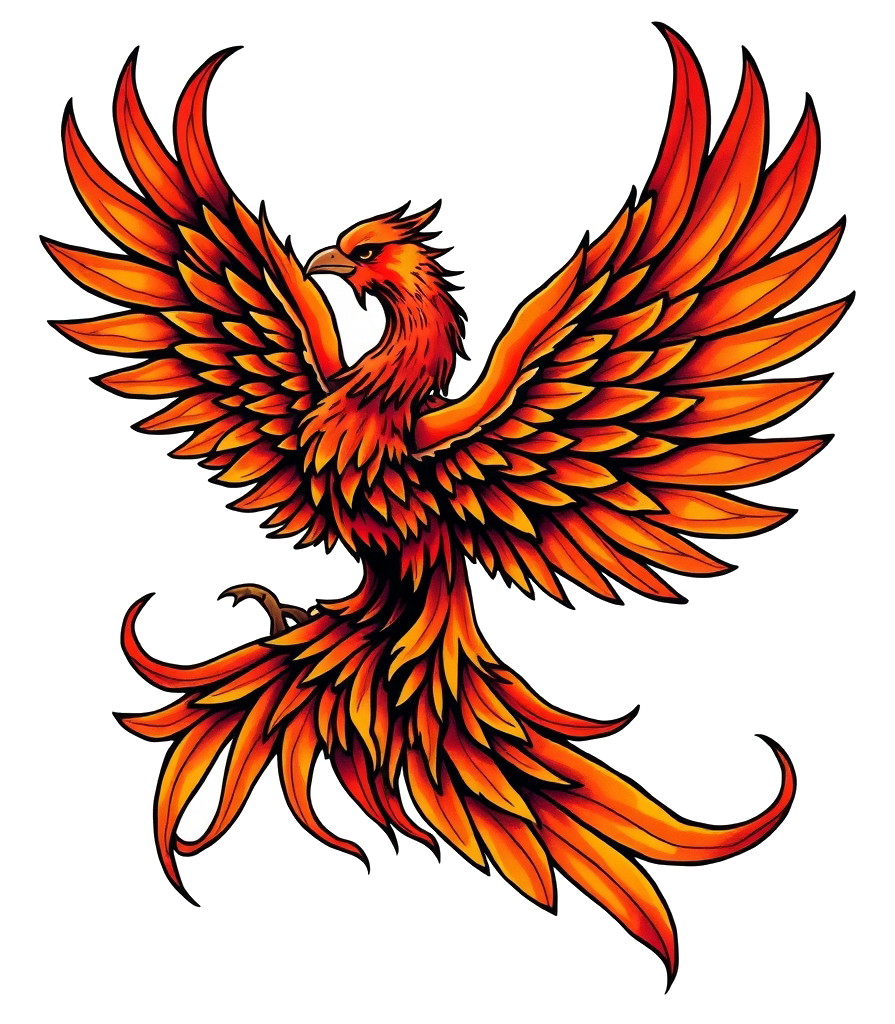 A fiery phoenix tattoo flash design with bold black ink line art and close-up of phoenix feathers.