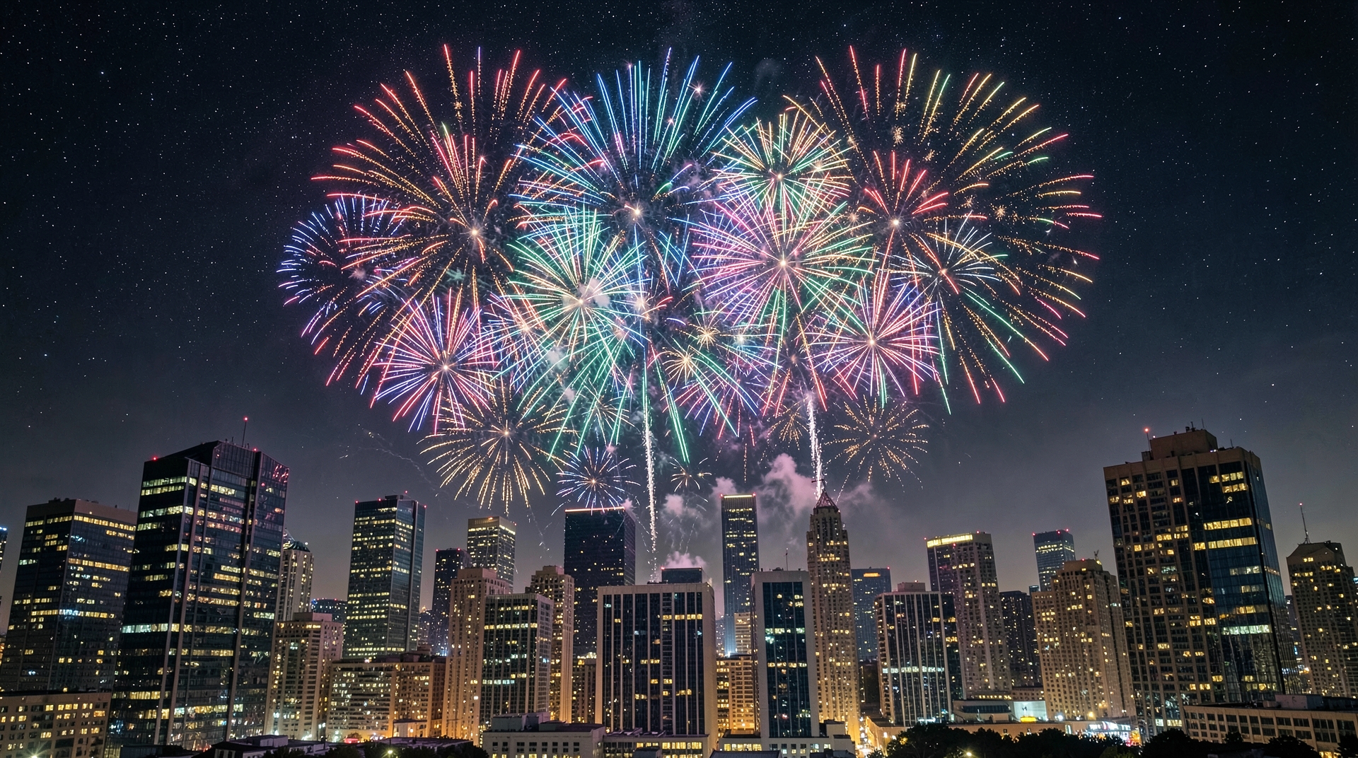Fireworks exploding over a city skyline at night