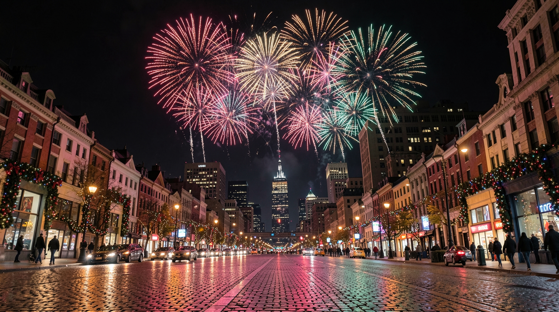 Fireworks Over Festive City Street at Night, Vibrant Colors, Wide Composition, 16:9, Festive, Empty Space for a Greeting, No Text, No Letters, City St