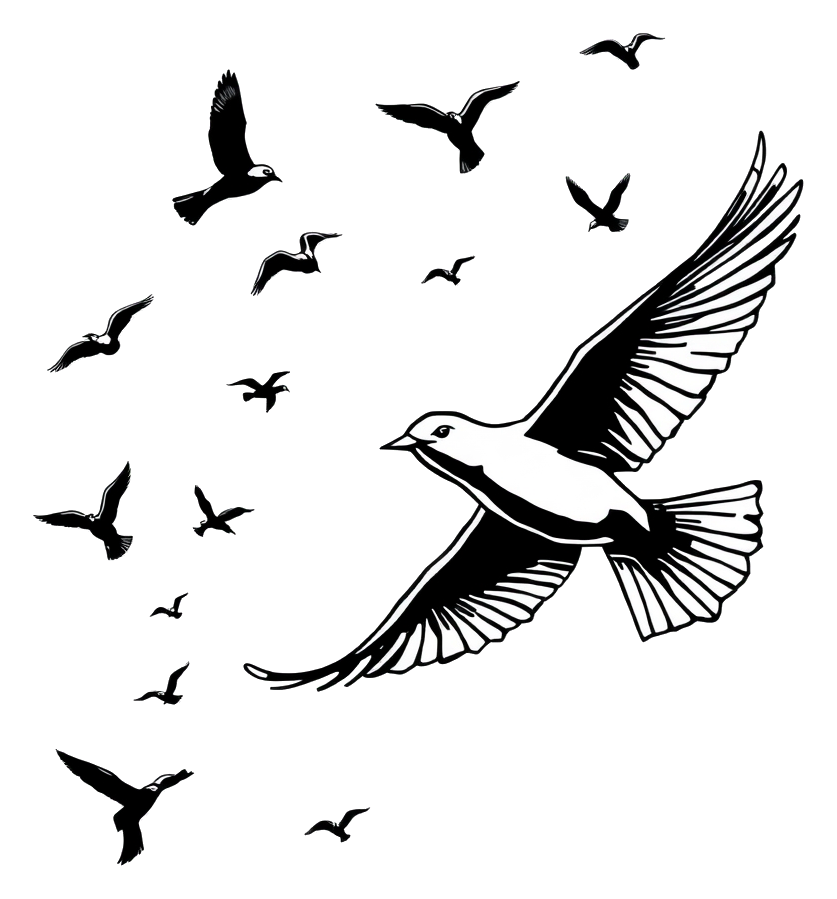 A flock of birds in flight against a clear blue sky