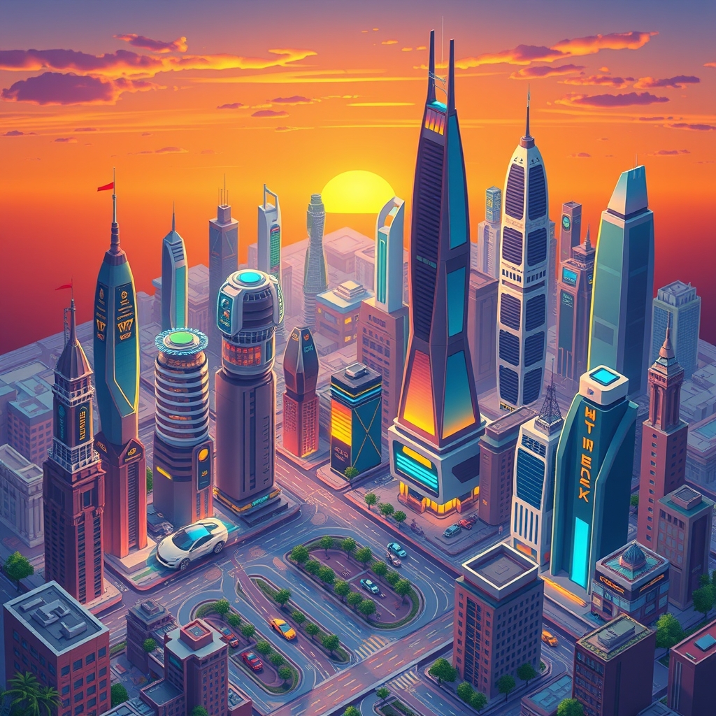 A futuristic city with flying cars and skyscrapers at sunset.