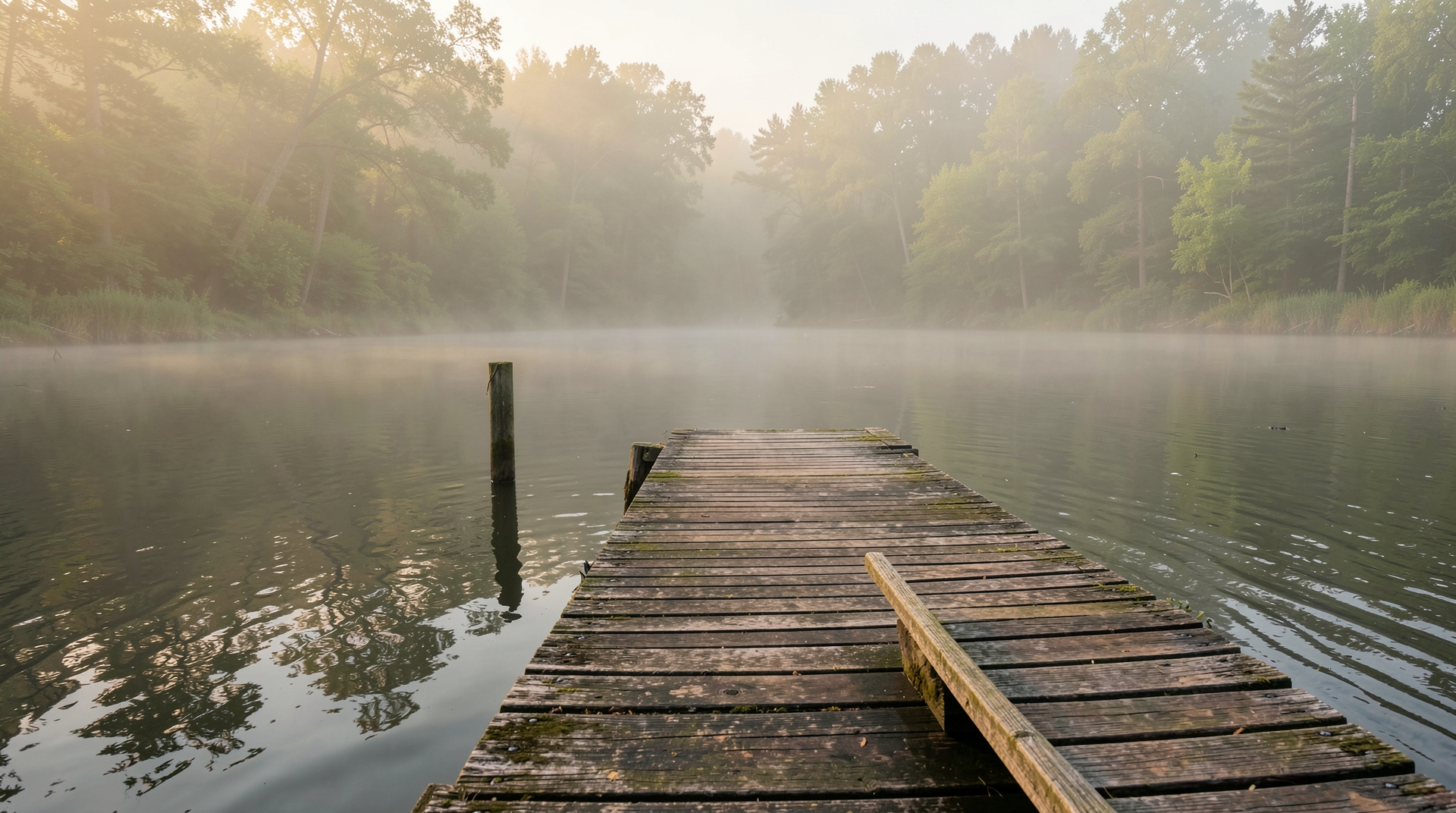 A foggy lake with a wooden pier, surrounded by a misty atmosphere and warm lighting.