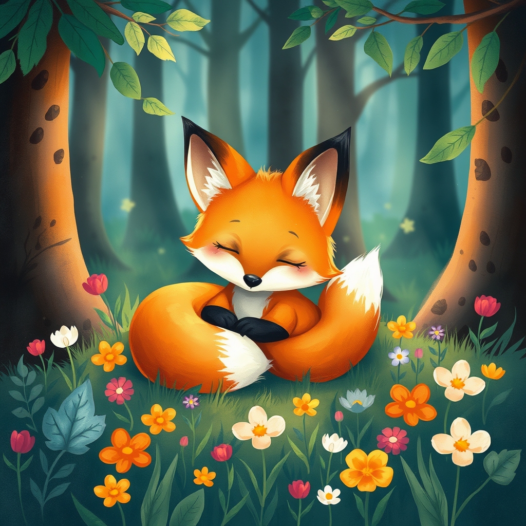 A cartoon fox sleeping in a flower bed, surrounded by colorful blooms and lush greenery, with warm lighting casting a cozy glow on the scene.