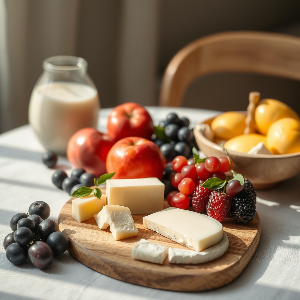 A platter of fresh fruit and cheese on a wooden board, bathed in soft natural light, showcasing a minimalist composition.
