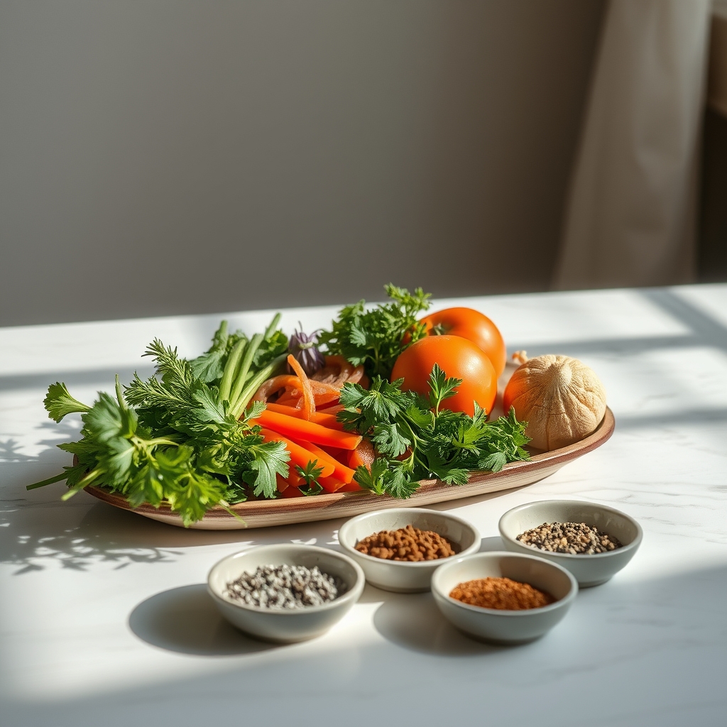 Fresh Herbs and Spices on a Table with Soft Natural Light