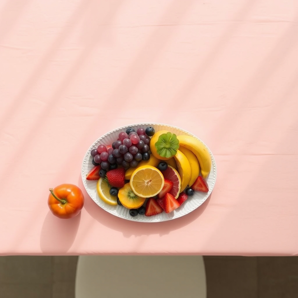 A fruit platter on a pastel tablecloth, lit by soft natural light.