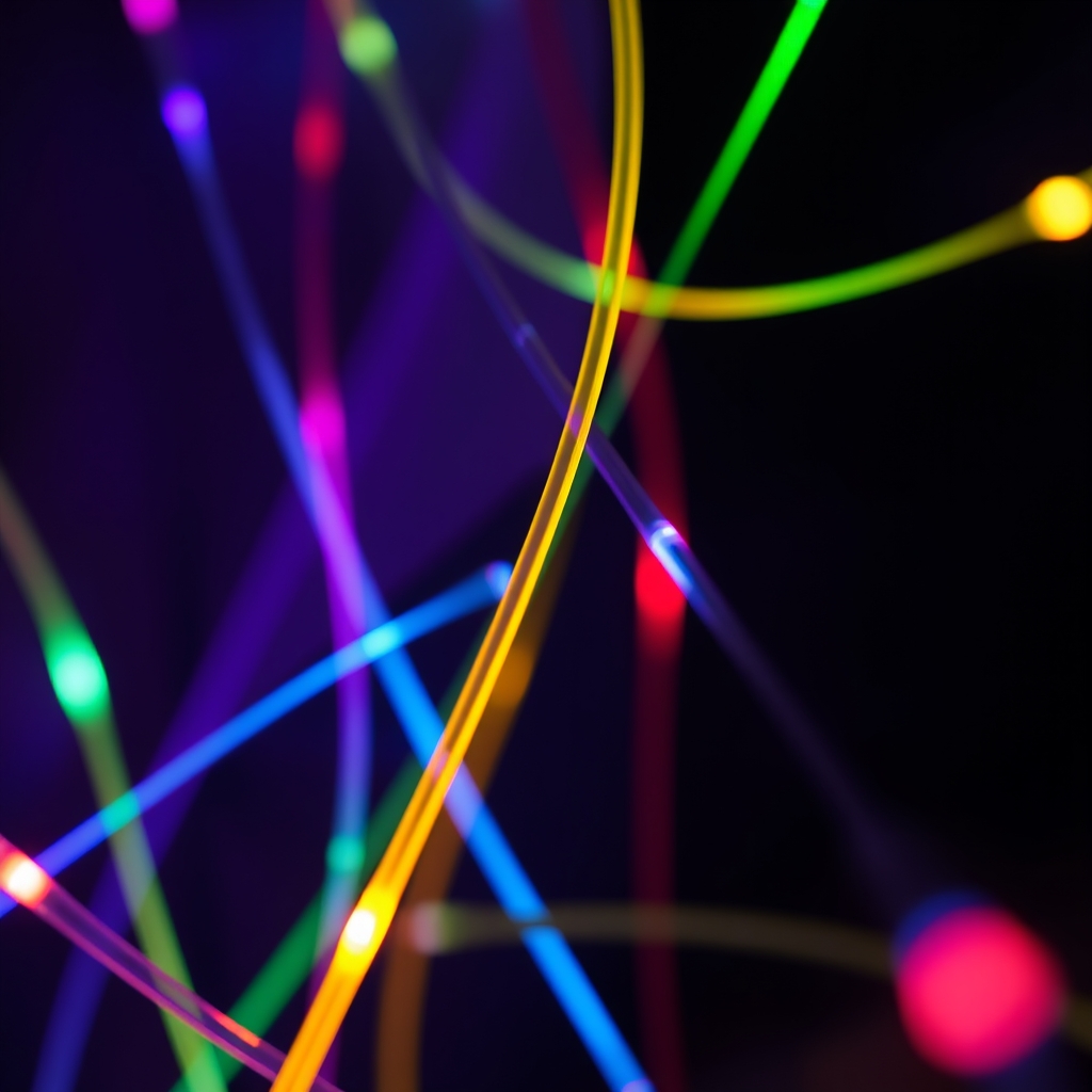 Colorful glowing fiber optic cables in a dark background, soft focus, futuristic style.