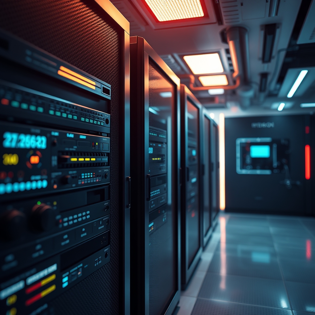 Close-up of a futuristic server room interior with soft light.