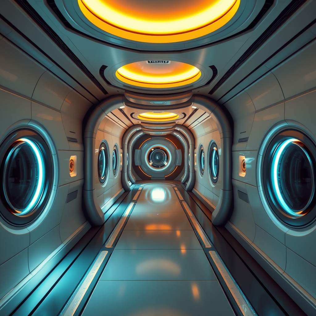 Futuristic spaceship corridor with sleek walls and soft lighting
