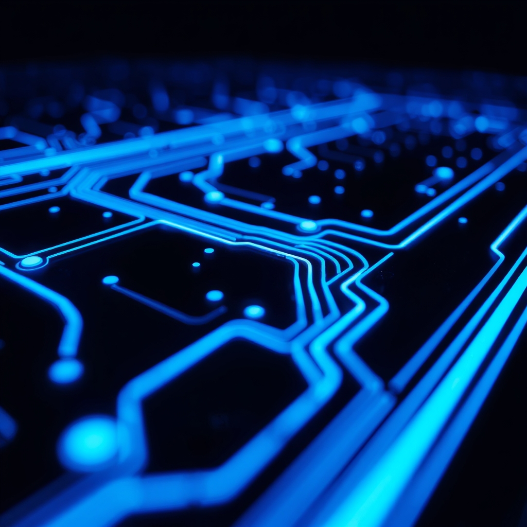 A close-up of a glowing circuit board with blue traces on a dark background, showcasing a high-tech style.