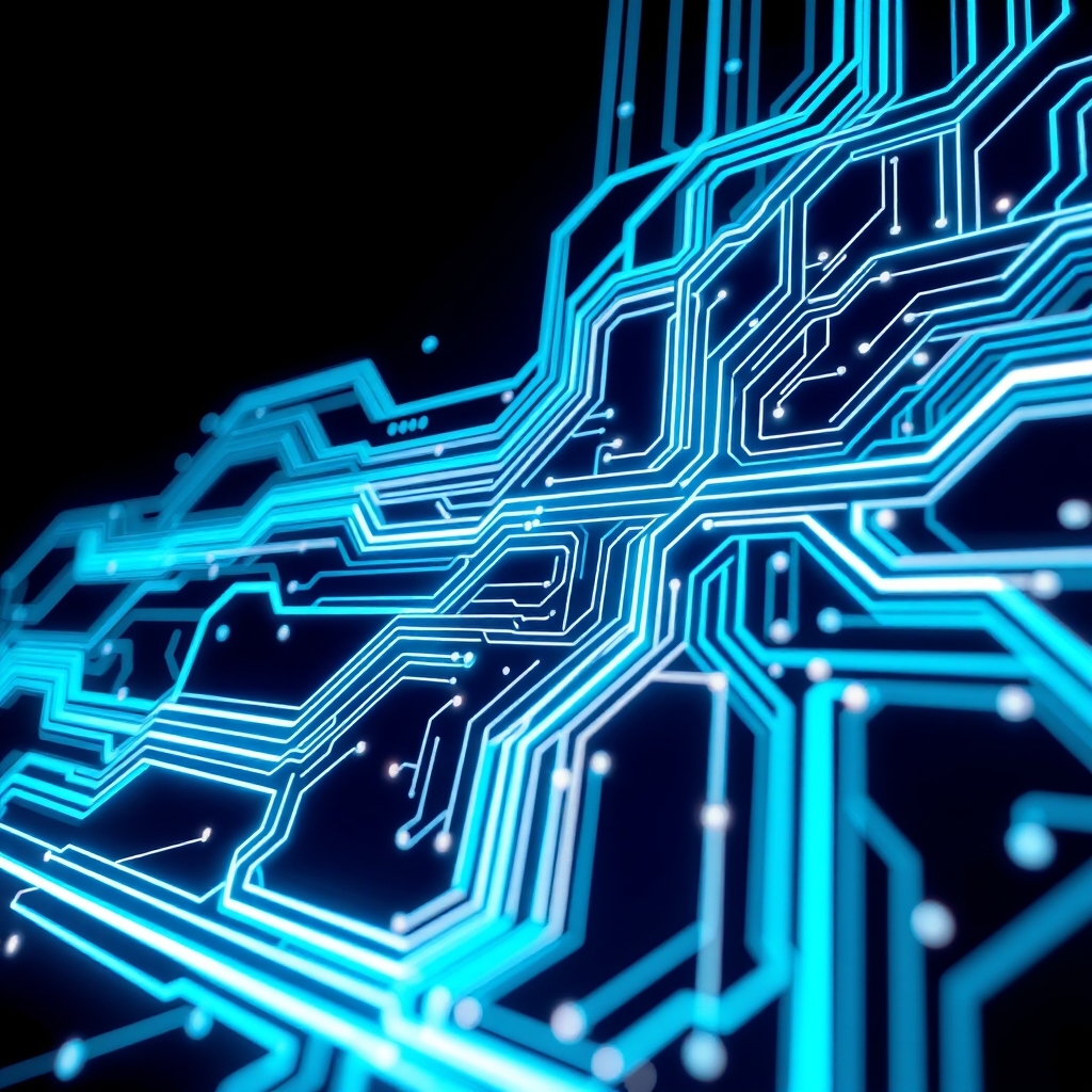 Futuristic Circuit Board with Glowing Blue Lines in Dark High-Tech Workspace