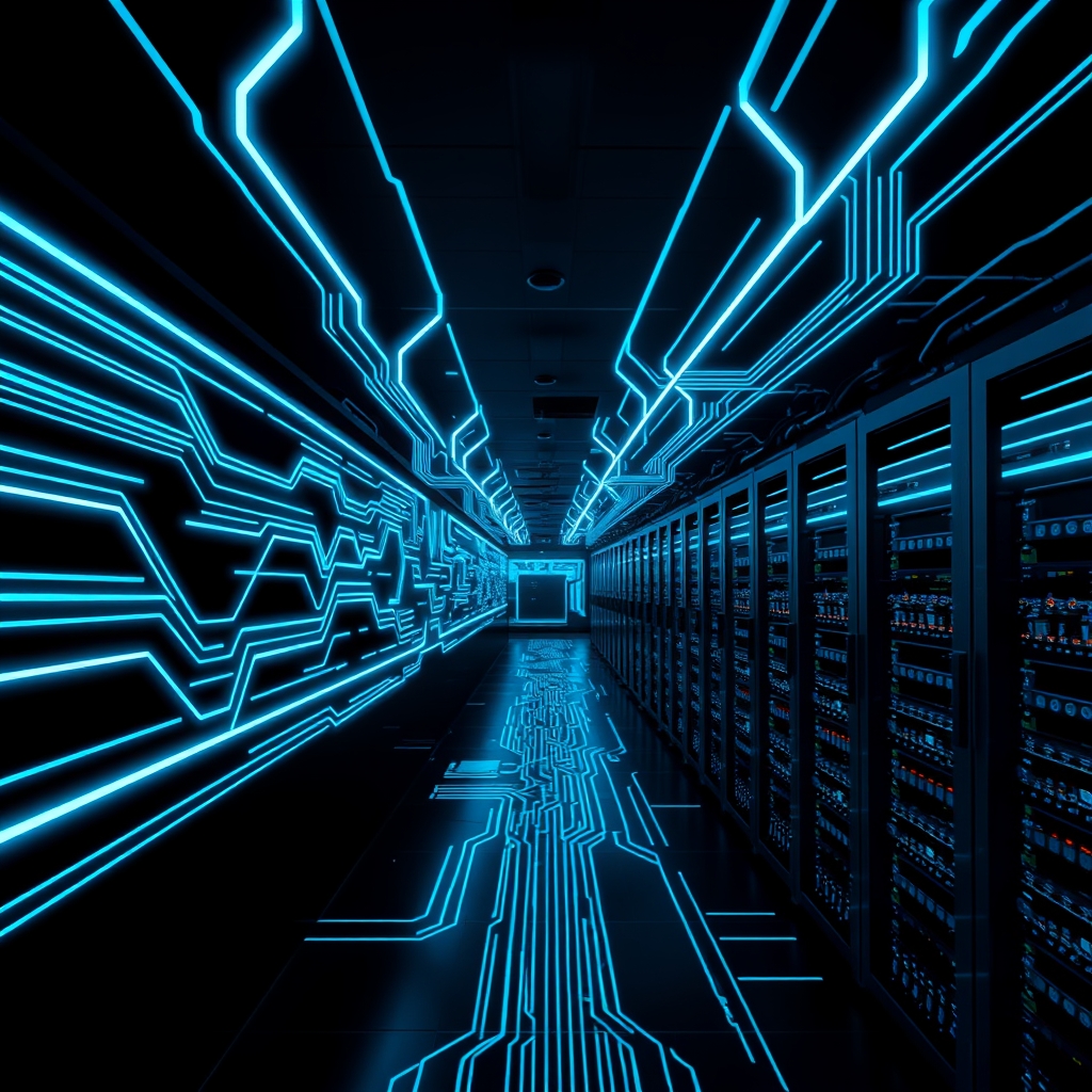 Futuristic server room with glowing blue circuit board and rows of computers.