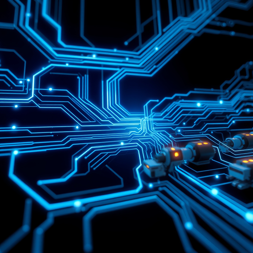 Glowing Blue Circuit Board in Robotics Factory with Machines