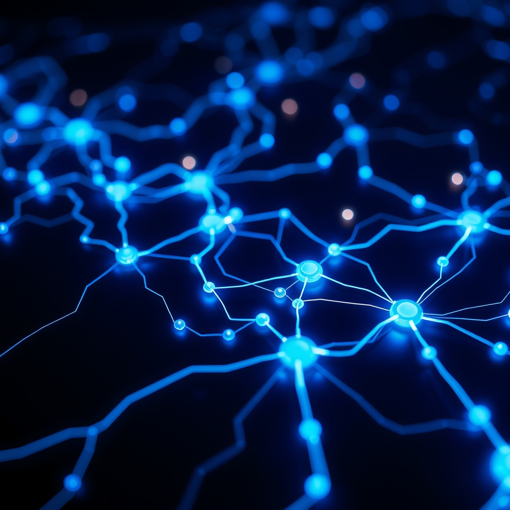 Glowing Blue Circuits on a Dark Background with Nodes and Connections.