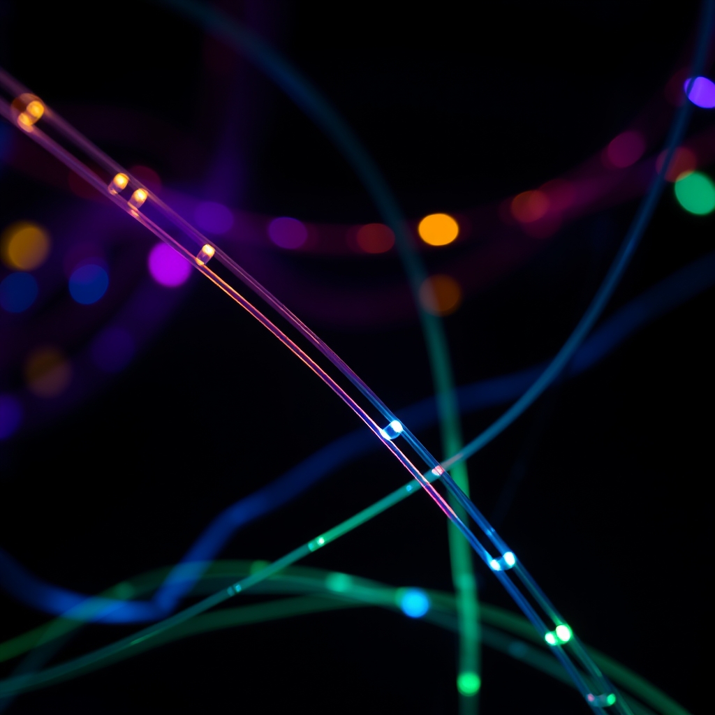 Colorful glowing fiber optic cables in a dark background, soft focus, futuristic style.