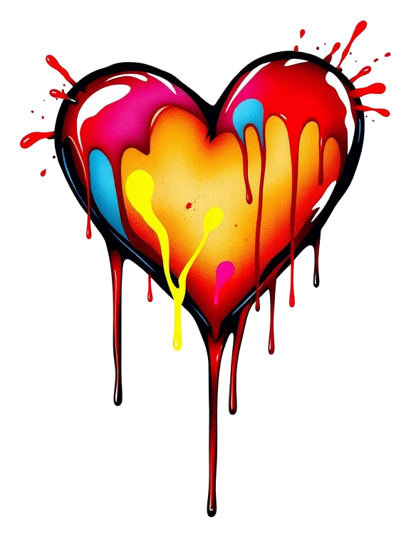 A glowing heart with colorful drips on a white background.