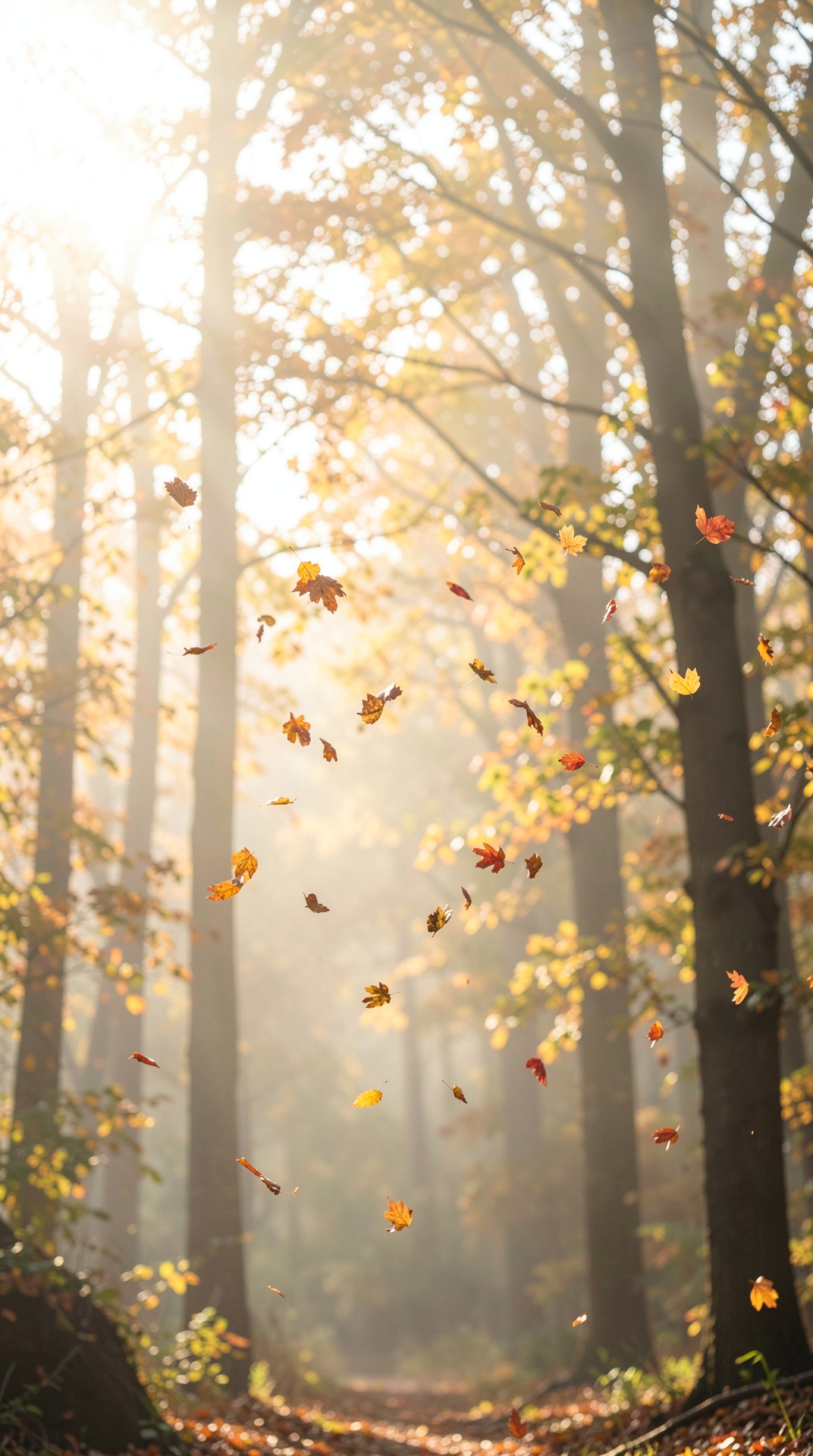 Golden Autumn Leaves in Morning Mist