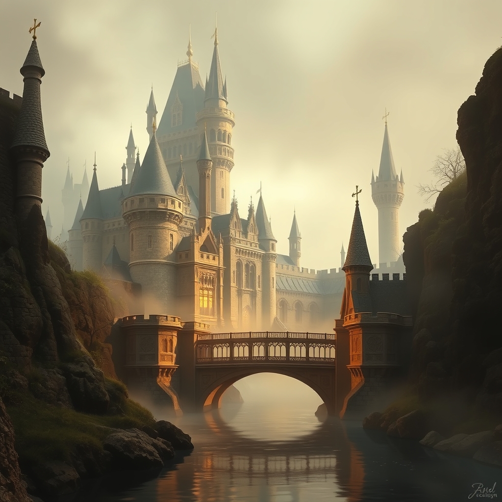 A fantasy castle with a moat and bridge in golden light, surrounded by mist.