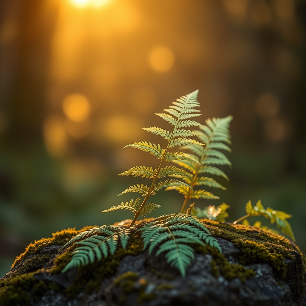 Ferns in Golden Hour Light on Mossy Rock