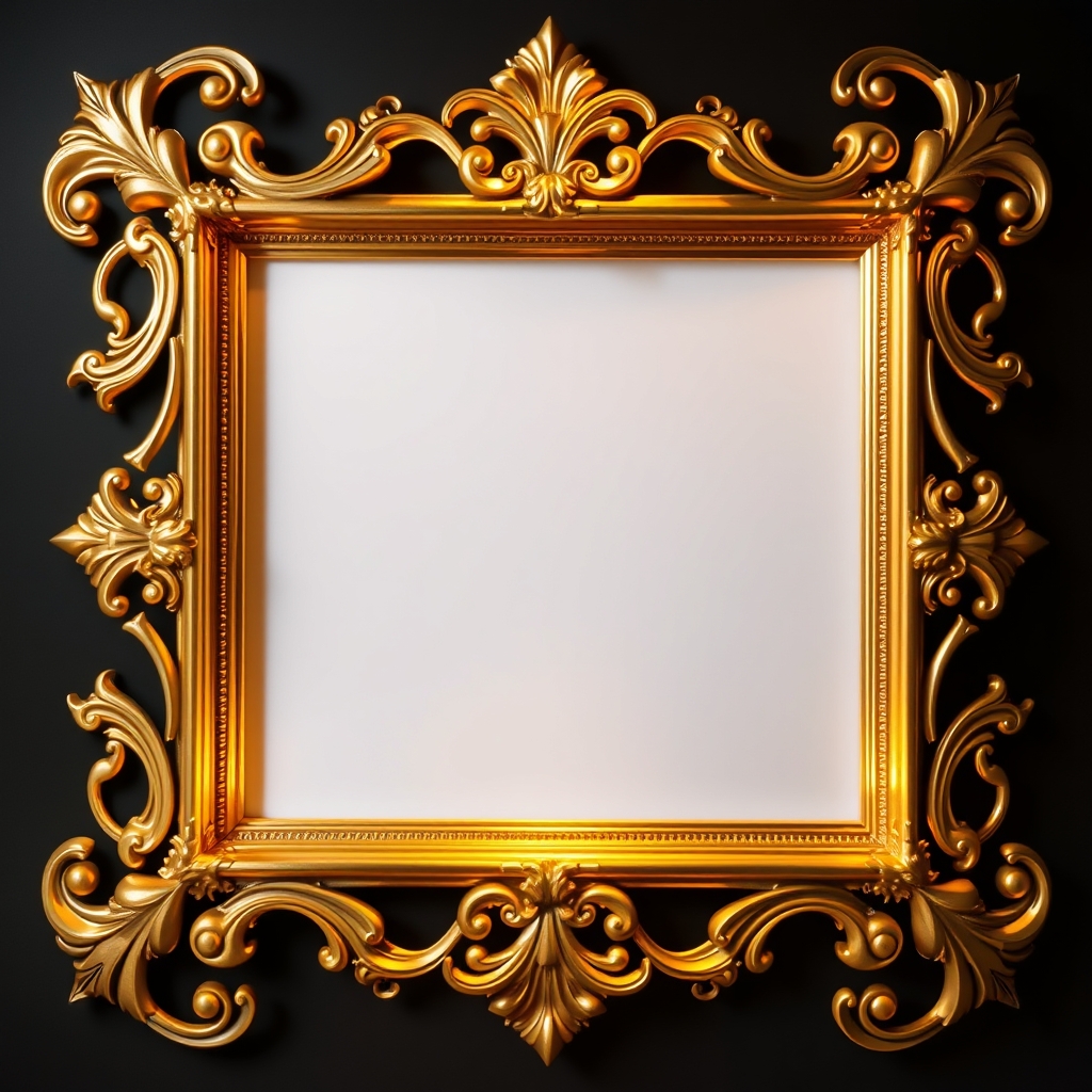 Ornate vintage frame with empty center, warm lighting, classic style. Golden frame on dark background.
