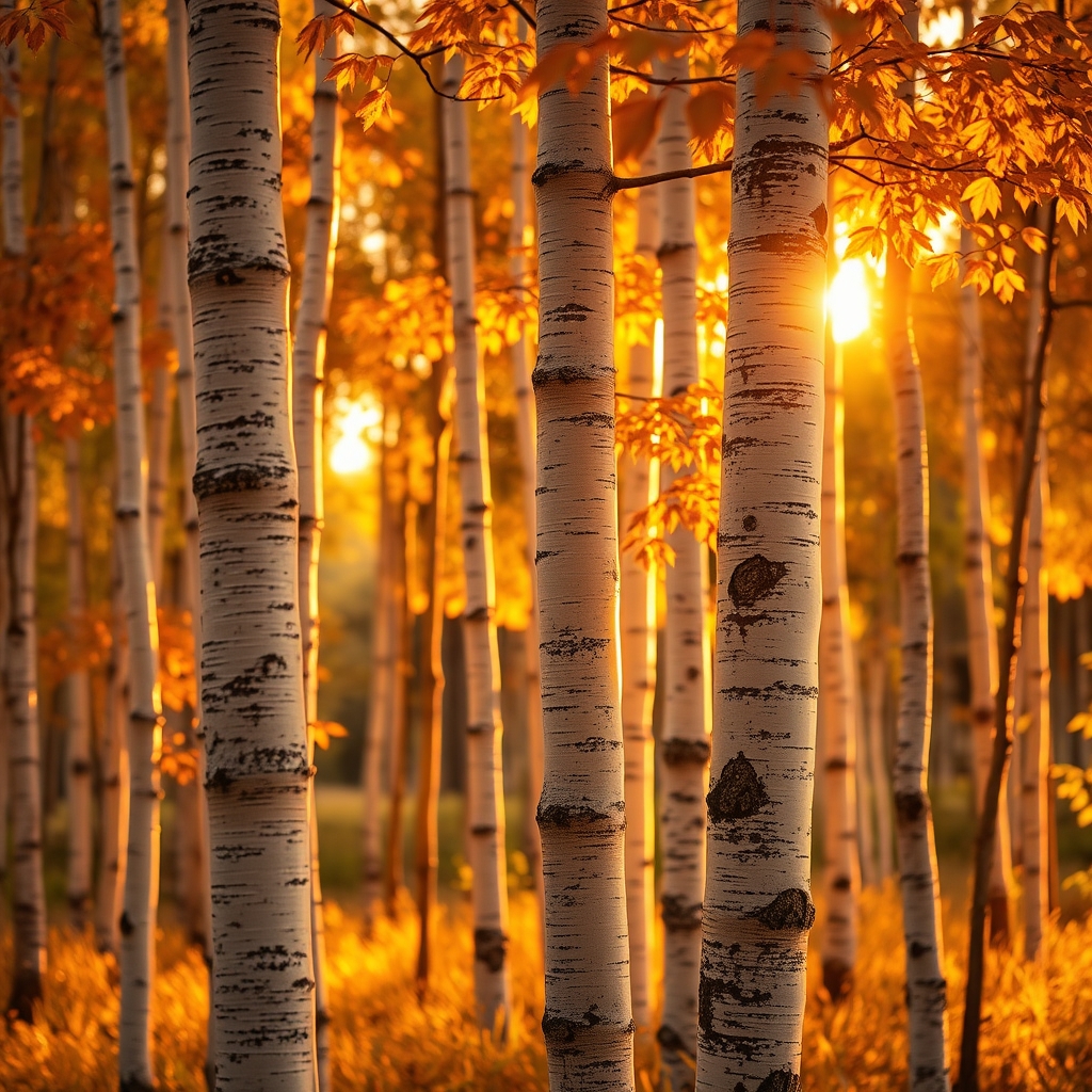Close-up of birch trunks in a forest during golden hour, with warm sunlight and autumn colors.